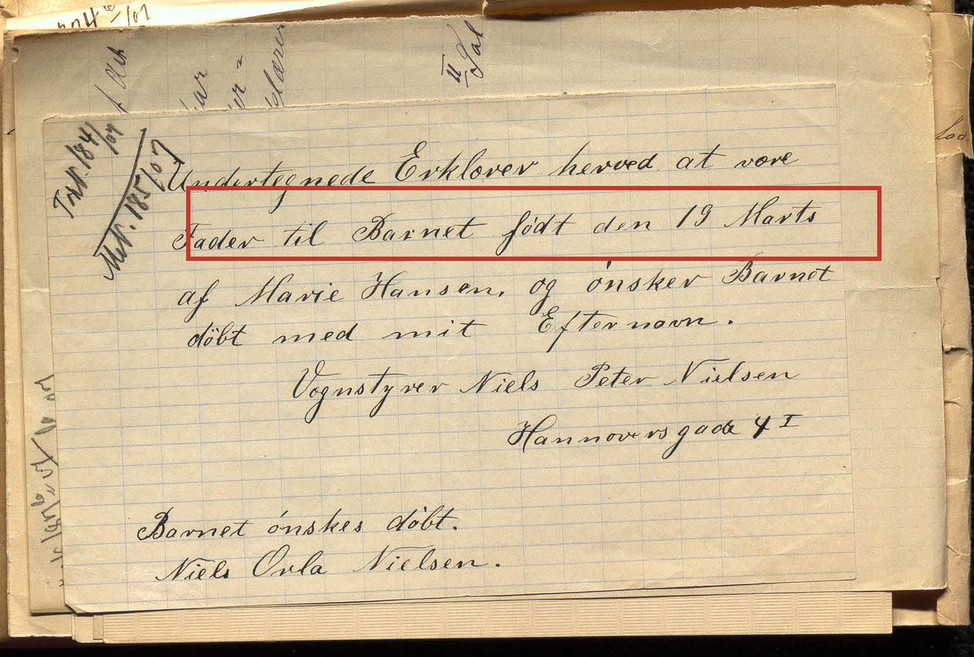 Fødselsstiftelsens faderskabserklæringer, marts 1907