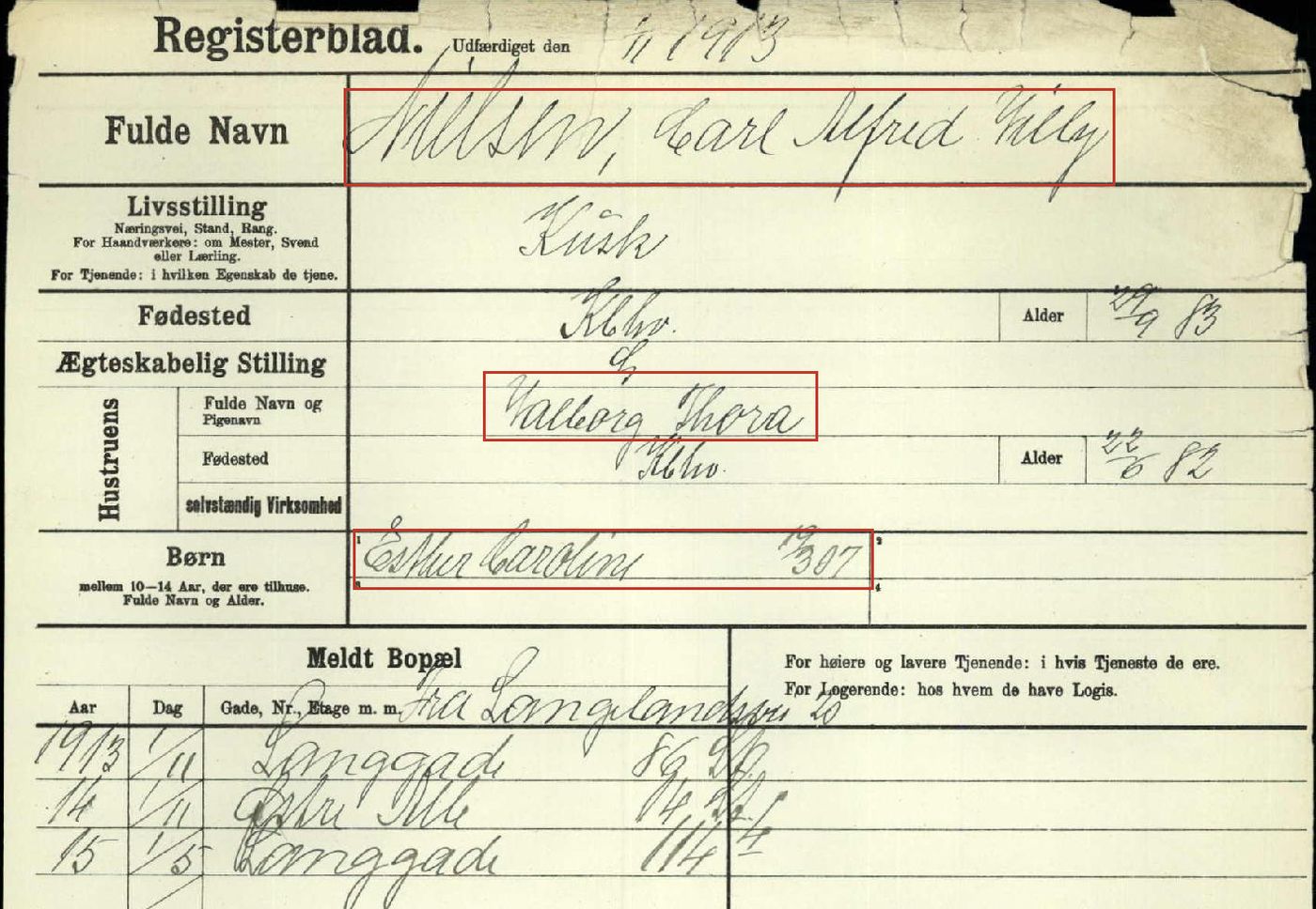 Carls registerkort hos Københavns politi, november 1913