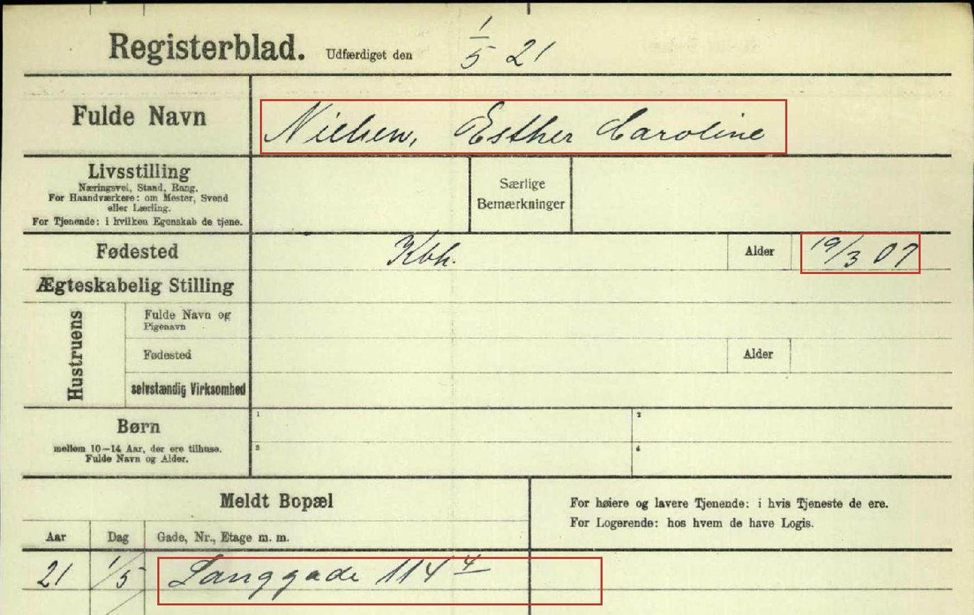 Esthers eget registerkort hos Københavns politi, 1921